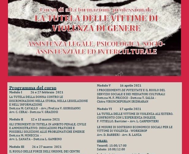 Corso di alta formazione professionale 𝐋𝐀 𝐓𝐔𝐓𝐄𝐋𝐀 𝐃𝐄𝐋𝐋𝐄 𝐕𝐈𝐓𝐓𝐈𝐌𝐄 𝐃𝐈 𝐕𝐈𝐎𝐋𝐄𝐍𝐙𝐀 𝐃𝐈 𝐆𝐄𝐍𝐄𝐑𝐄